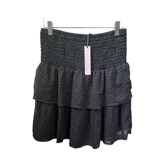 Black Pink Polka Dot Mini Skirt Tiered Ruffle Stretch Size S - Picture 1 of 4